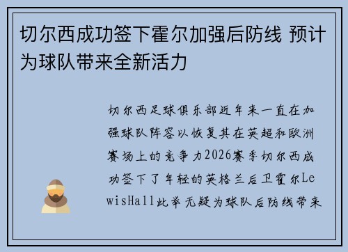 切尔西成功签下霍尔加强后防线 预计为球队带来全新活力